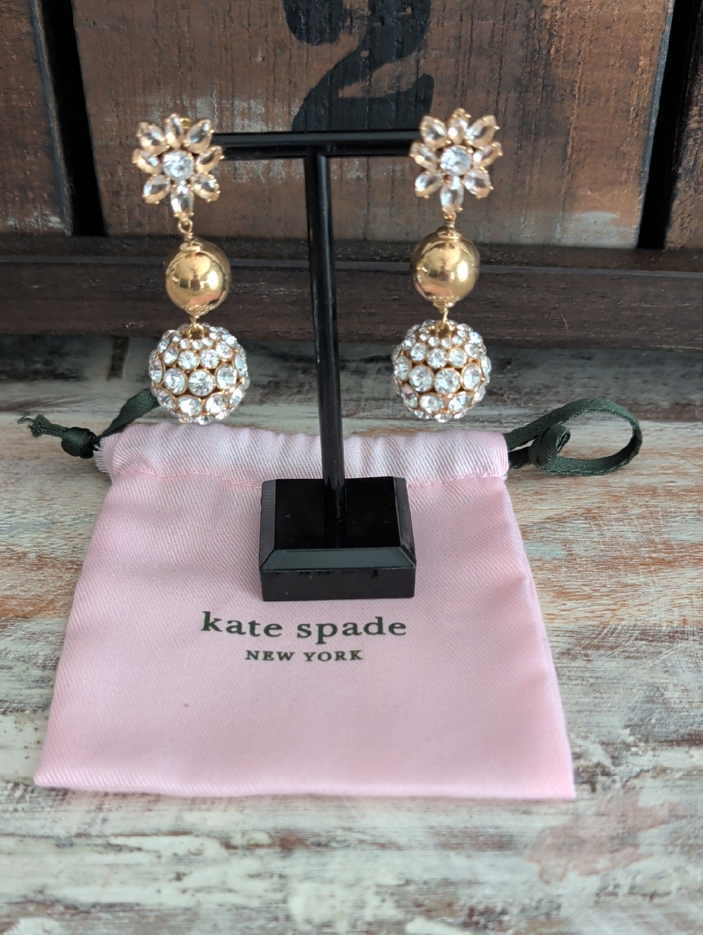 Kate Spade Light Up the Room Crystal Drop Ball Earrings Gold Plated W/Dust Bag